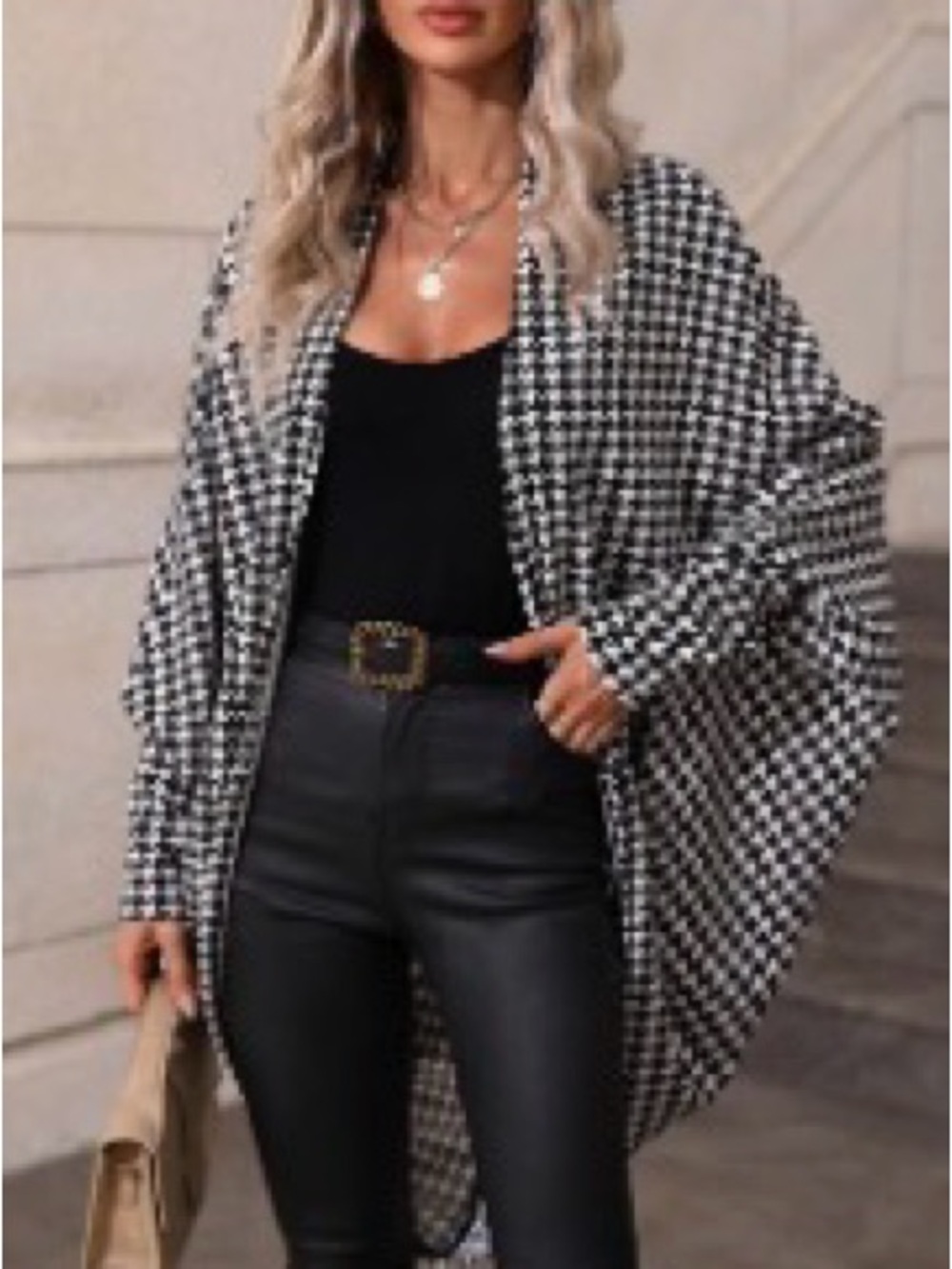 SHEIN Black and White Houndstooth Open-Front Cardigan